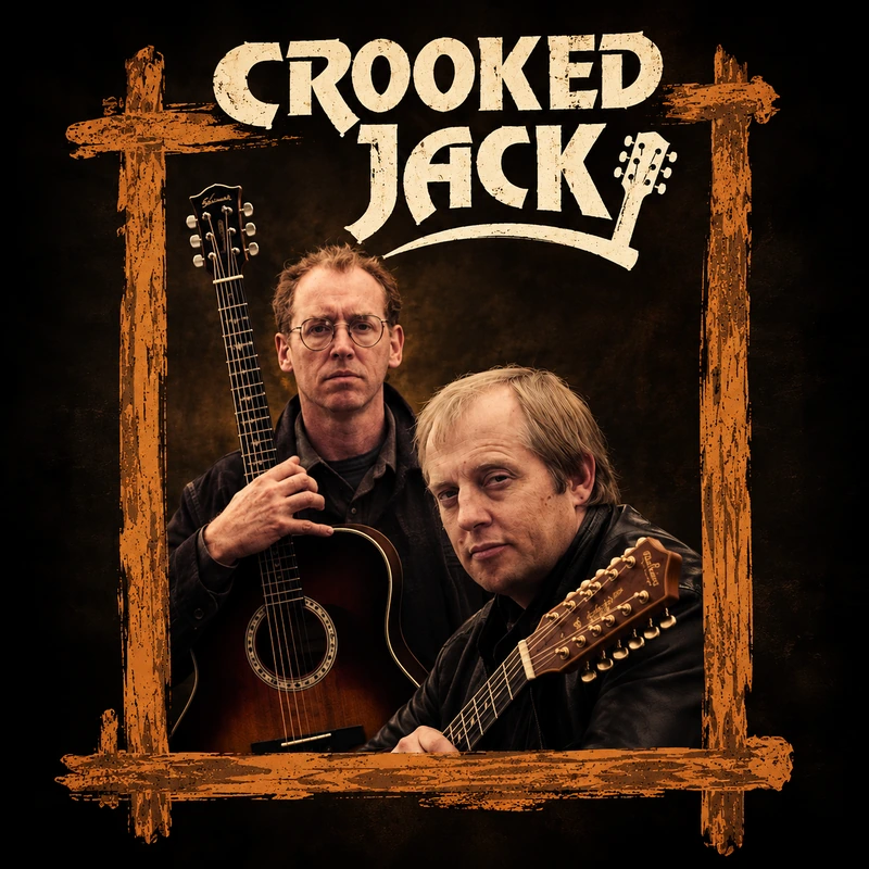 Crooked Jack duo with acoustic guitars beneath the band name