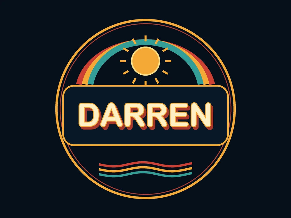 Darren retro-style logo with a rising sun and coloured arcs