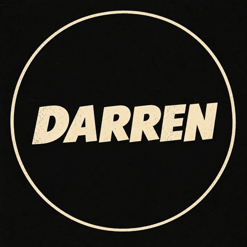 Darren cream wordmark inside a circular outline