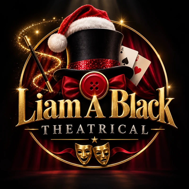 Liam A Black theatrical emblem with Santa hat, wand, playing cards and theatre masks
