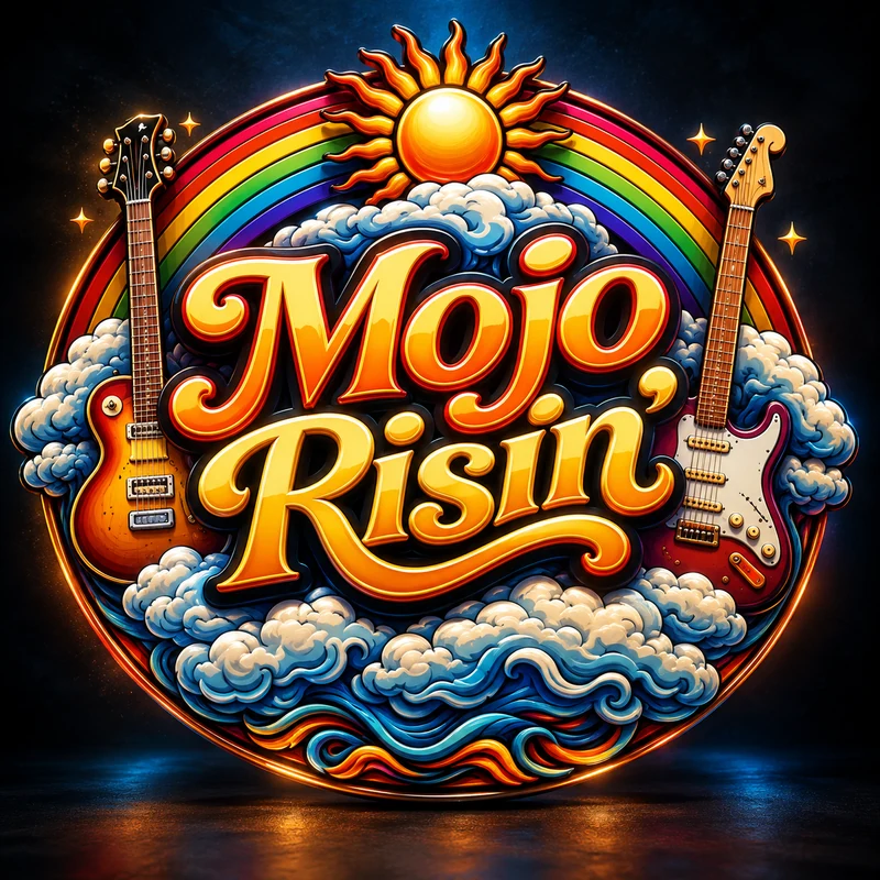 Mojo Rising artwork with guitars, rainbow and sun
