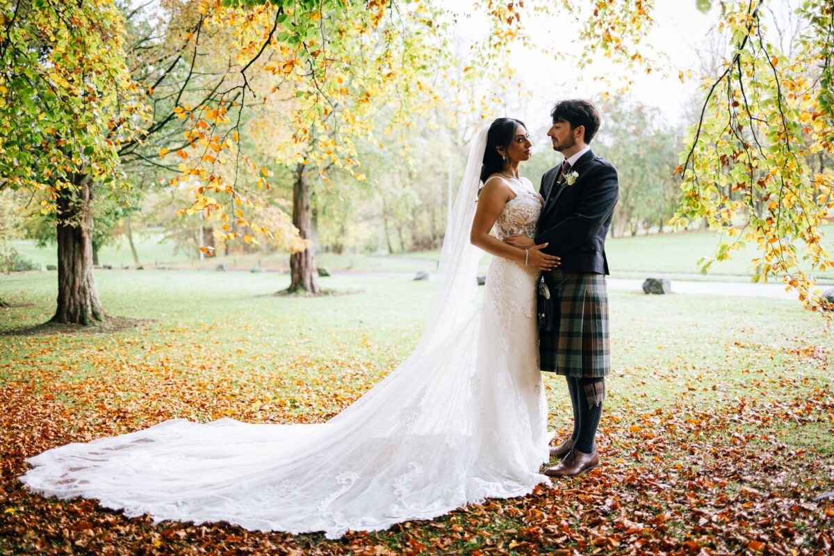 Autumn wedding portrait in the grounds of Balbirnie House