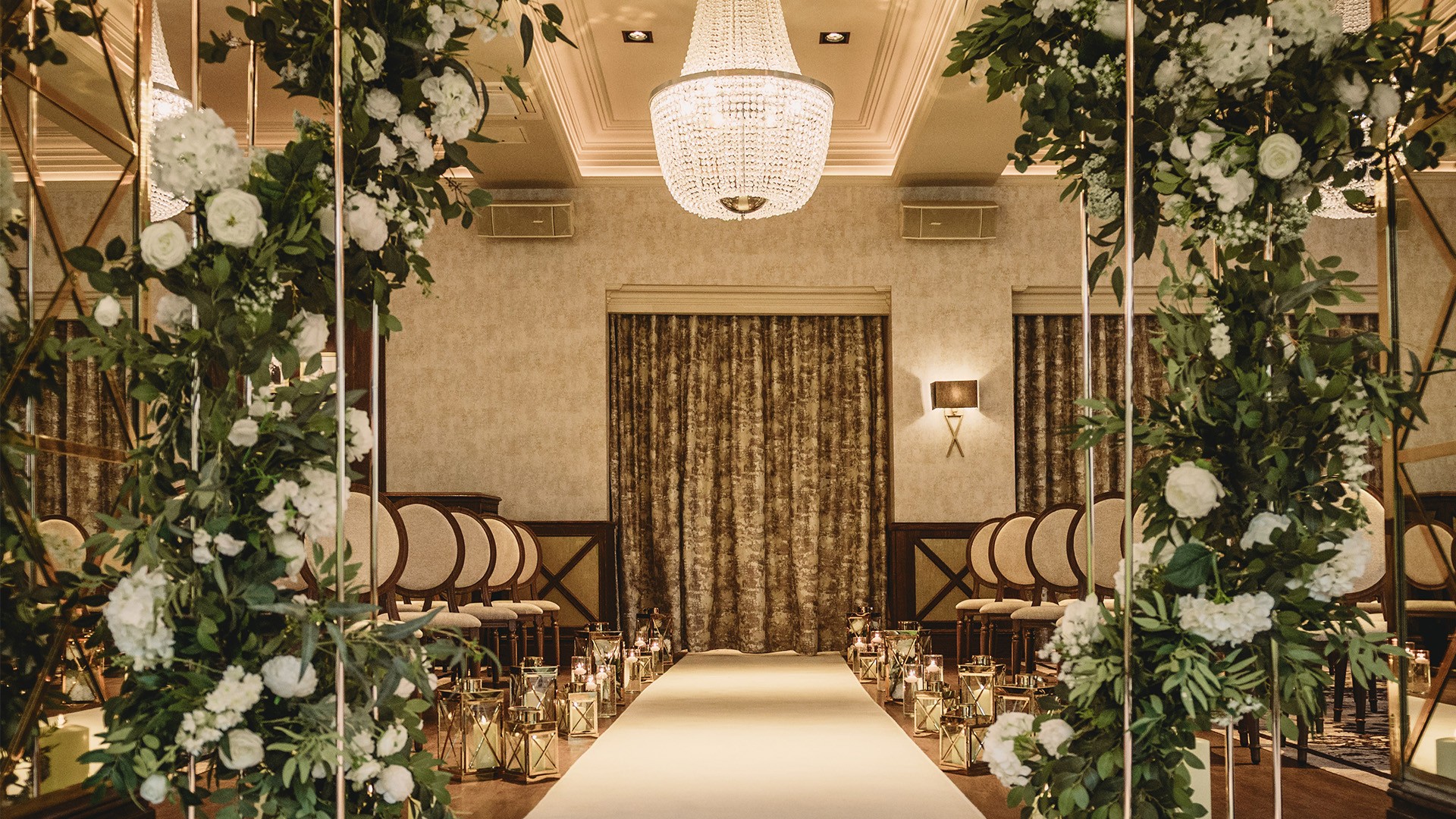 Grand Ballroom at Boclair House prepared for a wedding ceremony