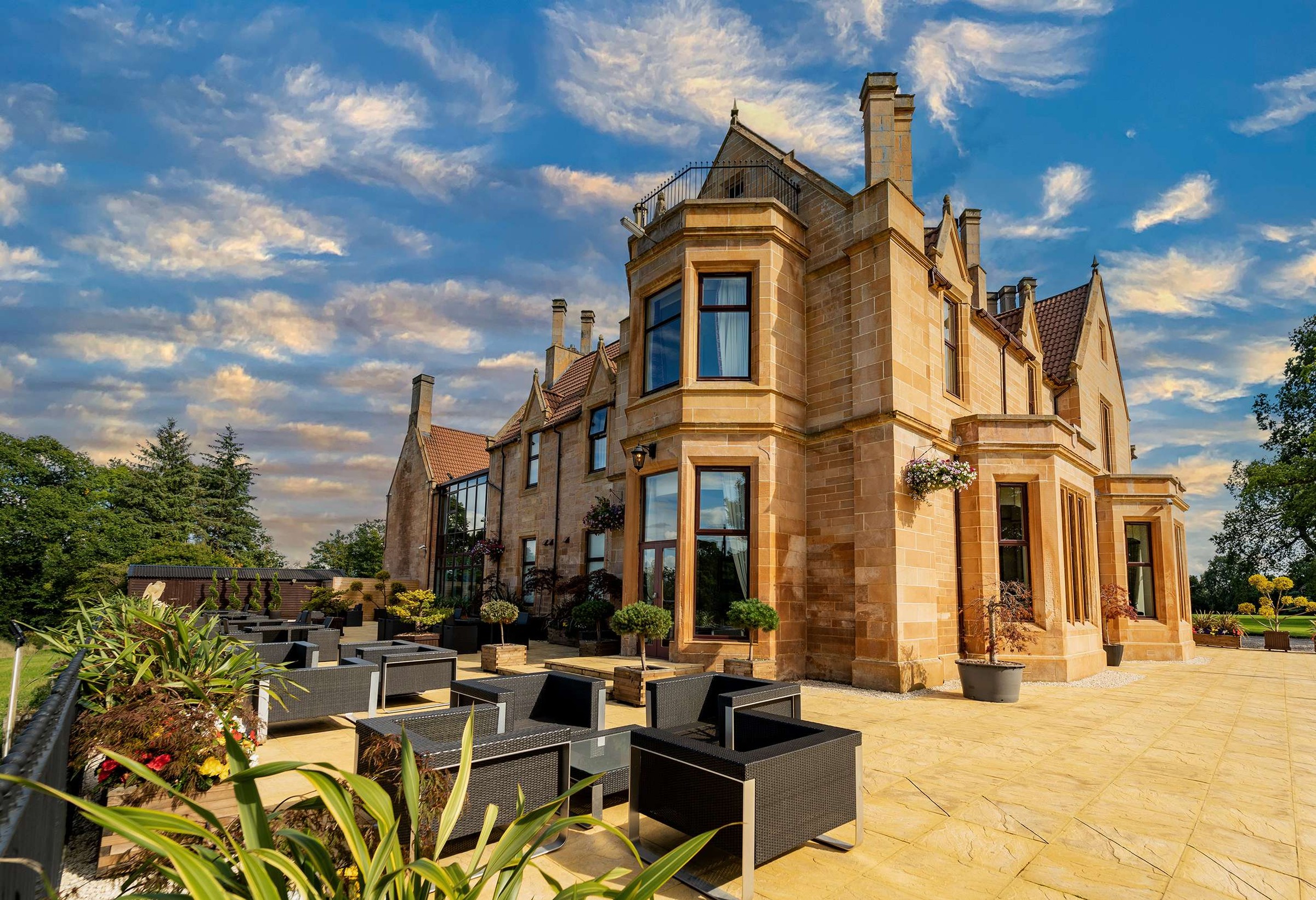 Sandstone frontage and terrace at Glenbervie House & Country Estate.