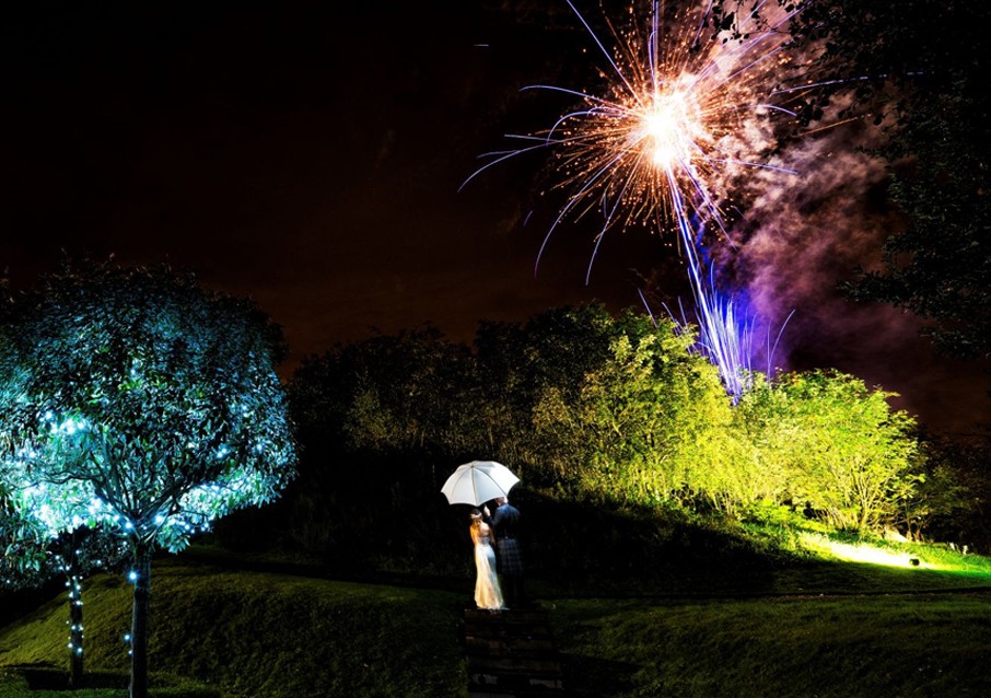 Night-time wedding fireworks in Glenskirlie’s grounds.