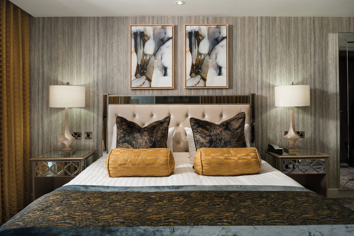 Contemporary honeymoon suite at Hetland Hall Hotel.