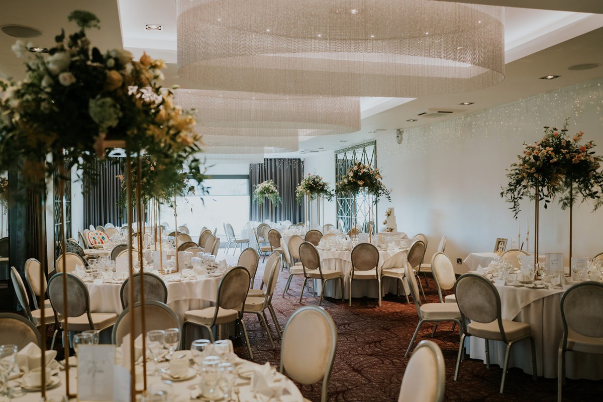 Wedding reception room dressed at Hetland Hall.